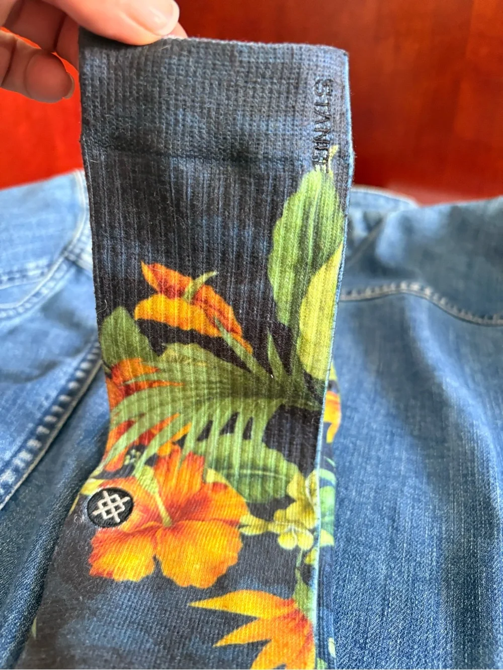 Stance Black Crew Socks with Orange Hibiscus and Green Foliage